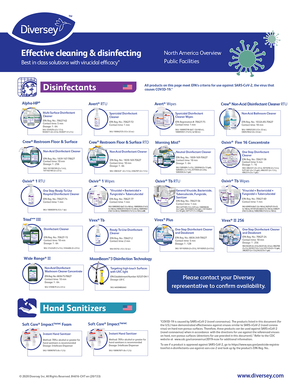 Effective Cleaning and Disinfecting Products for COVID-19 - North America Public Facilities - Diversey LIT 84616-1